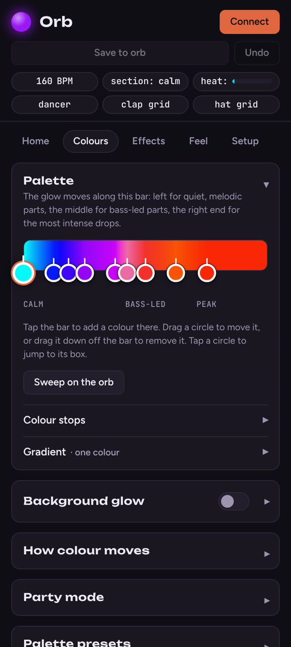 Orb web app: Colours tab with a palette bar running from calm to peak colours