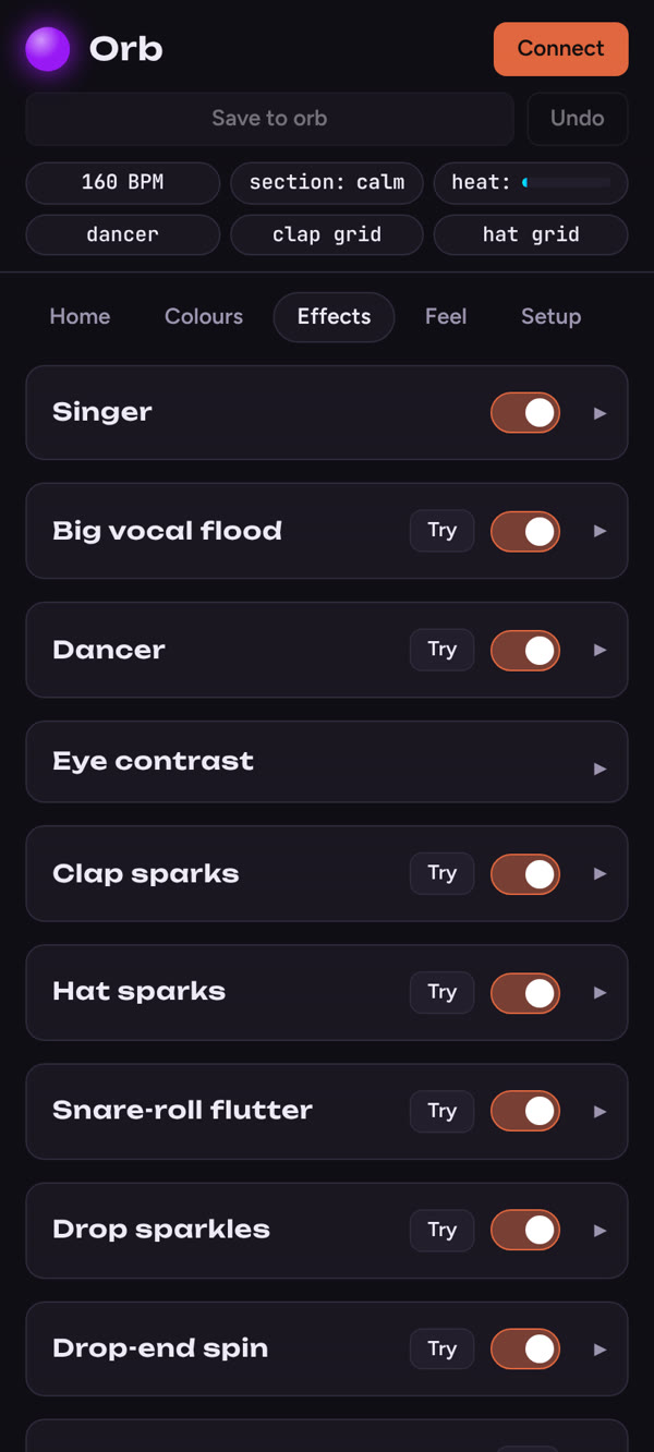 Orb web app: Effects tab with toggles for singer, dancer, clap and hat sparks