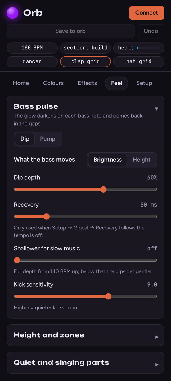 Orb web app: Feel tab with bass pulse depth, recovery and kick sensitivity sliders
