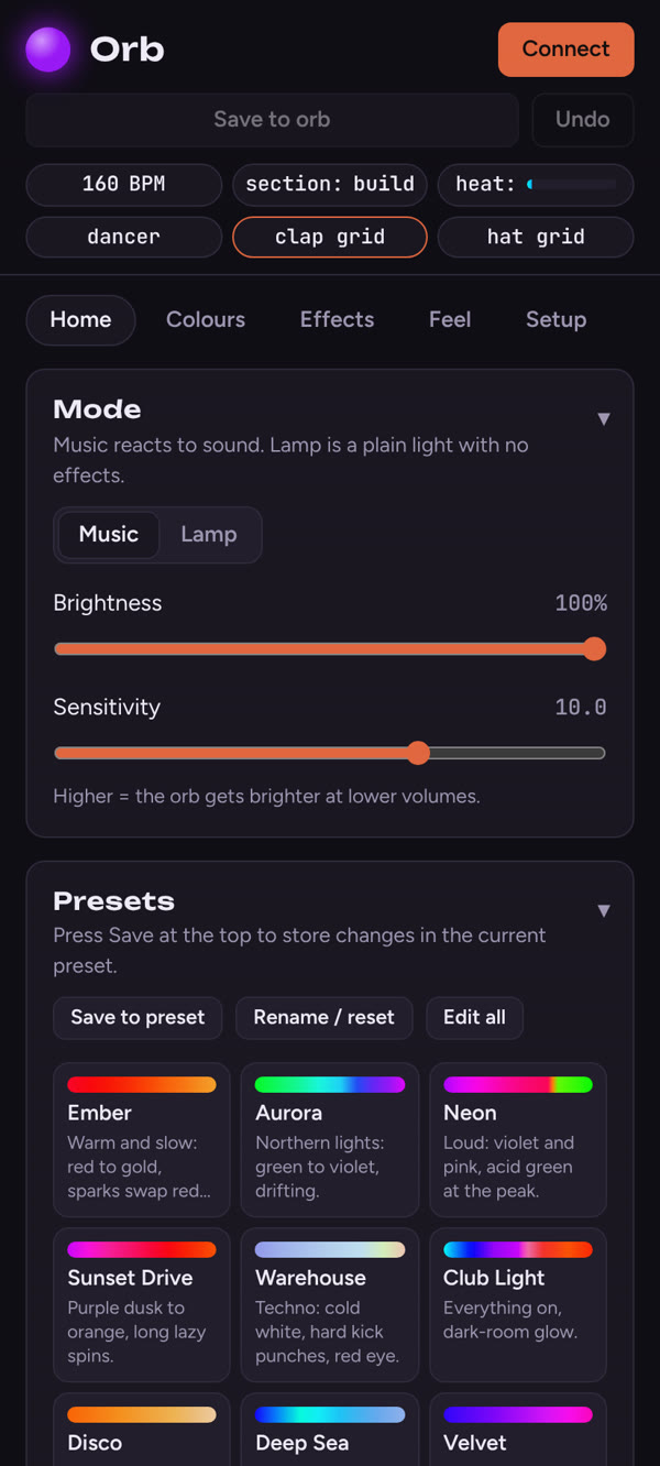 Orb web app: Home tab with mode, brightness, sensitivity and the preset list