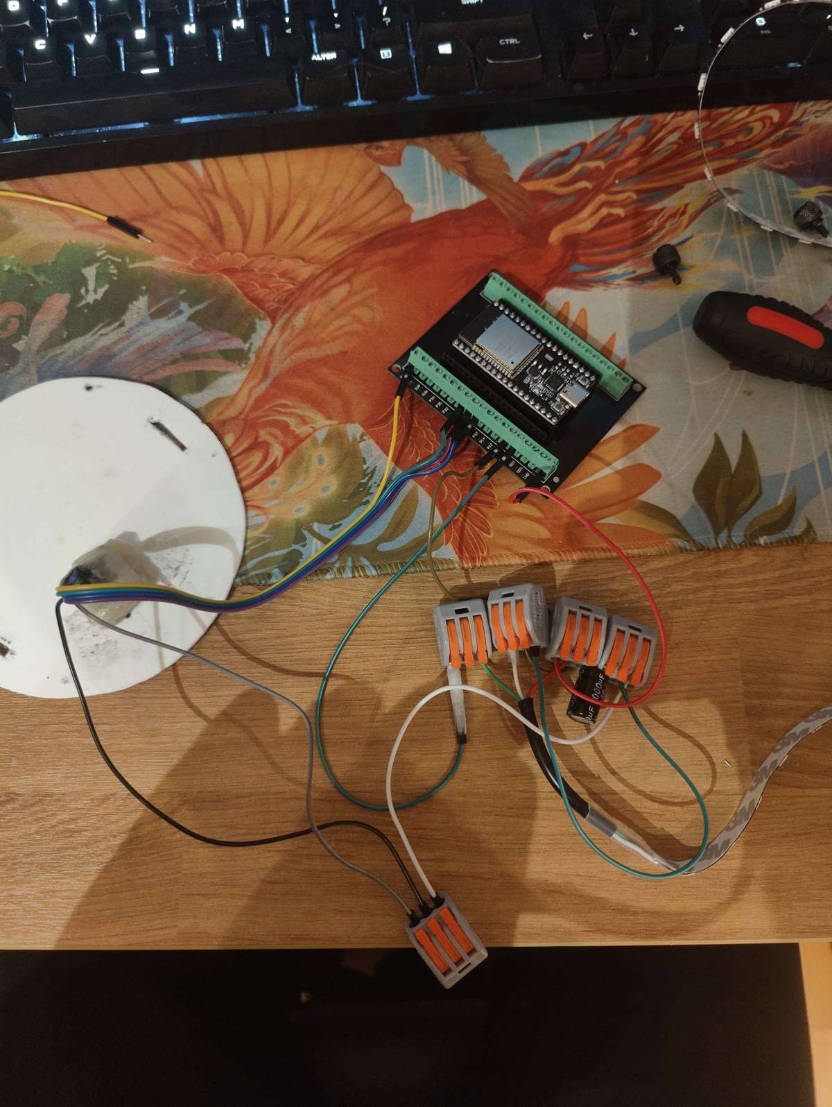 ESP32 on a screw-terminal board wired to lever connectors and an LED strip, laid out on a desk