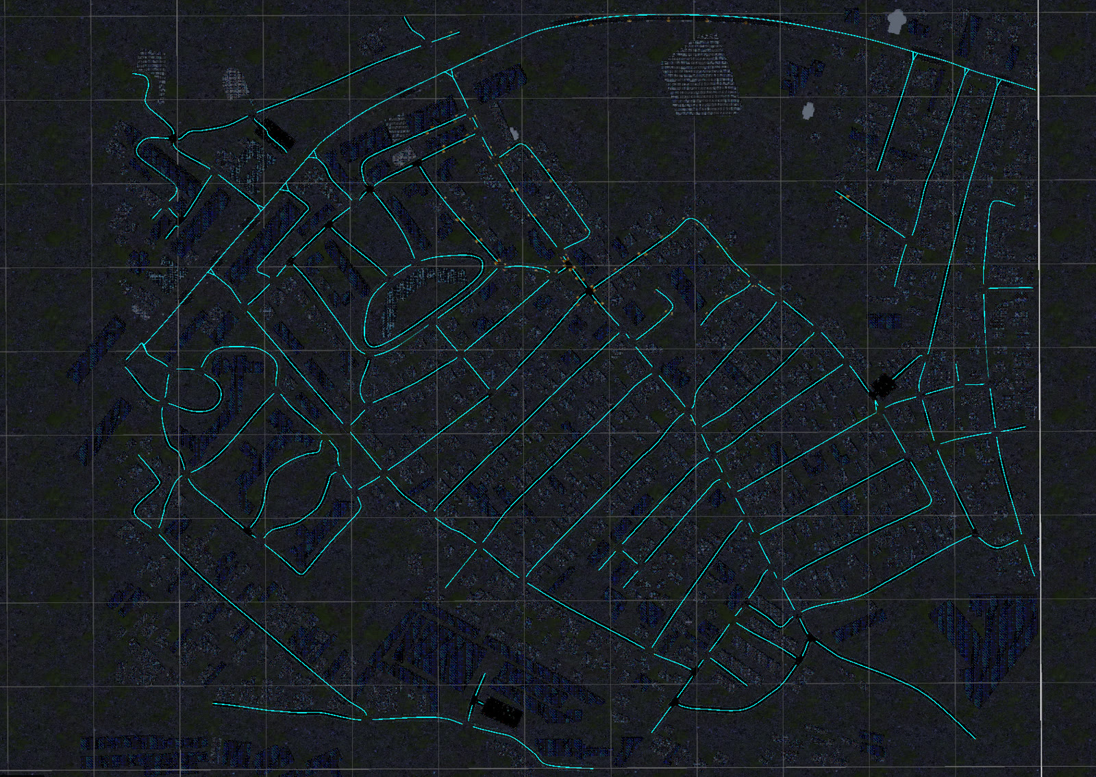 Top-down view of the whole city's road network