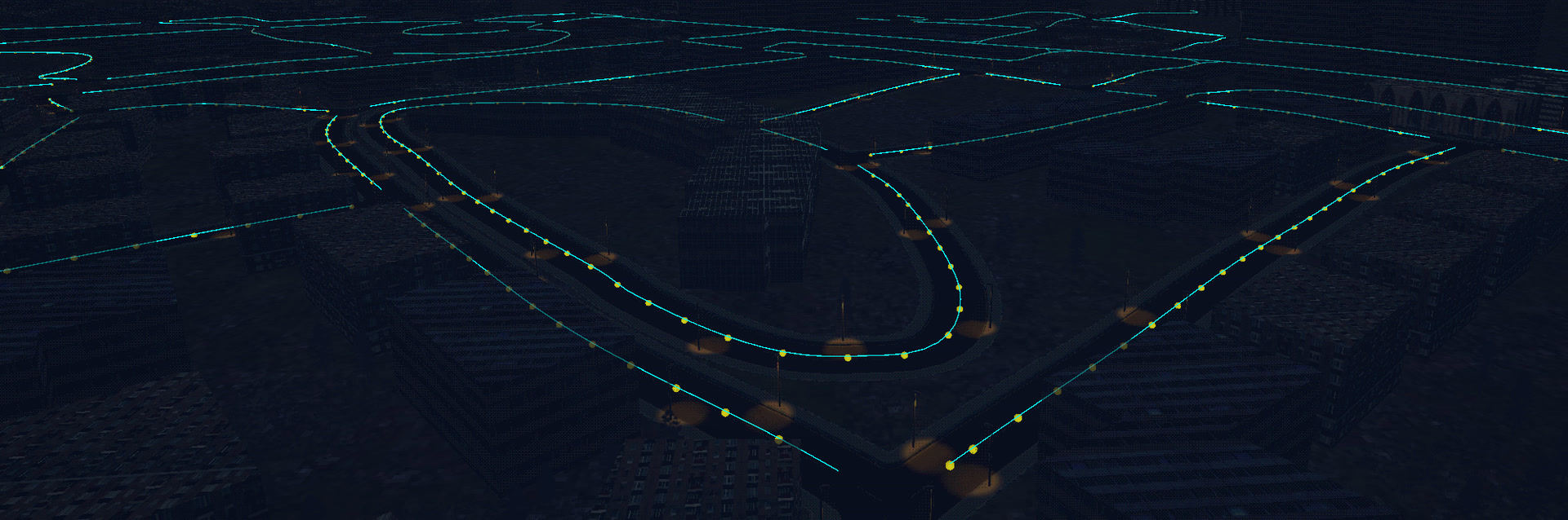 The road network drawn over the city, with the navigation nodes the A* search uses